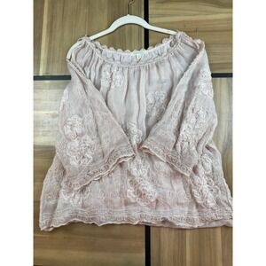 Belle France Blush Pink Silk Blend Embroidered Sequin Cold Shoulder Blouse M